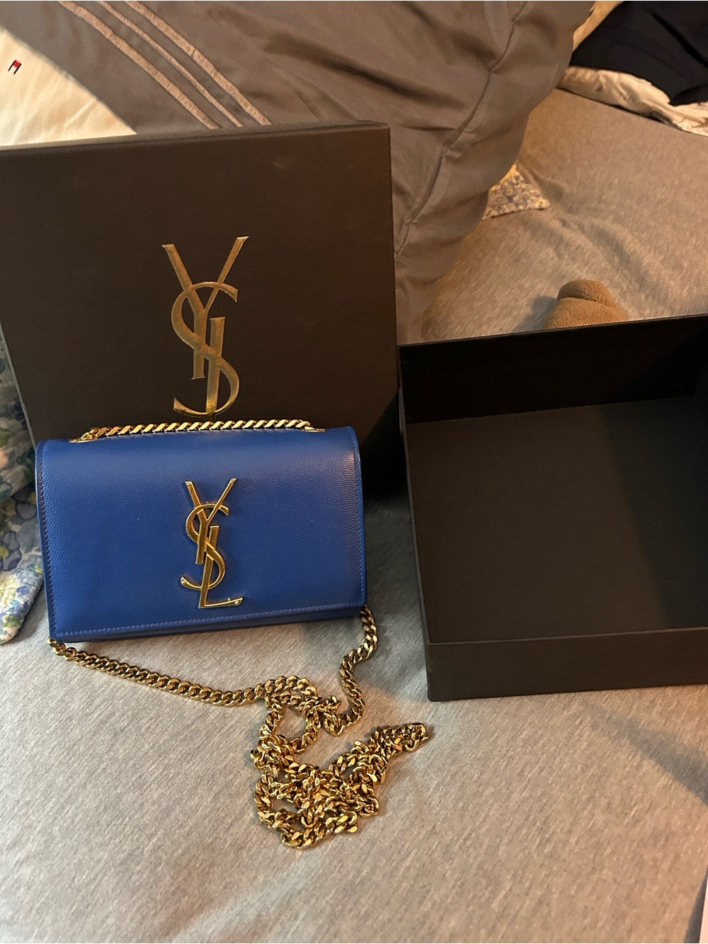 Saint Laurent Blue Mini Envelope Bag with Gold Chain